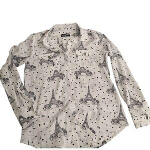 KARL LAGERFELD PARIS Women's White Eiffel Tower Print Button Up Shirt XS